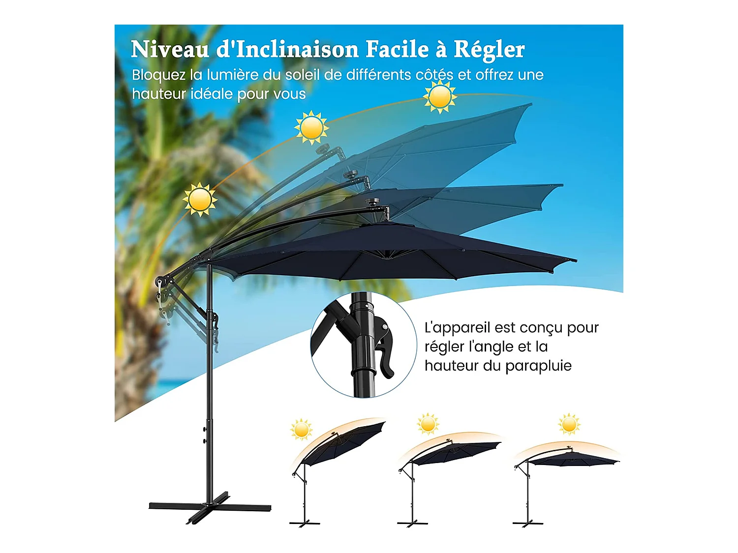 Parasol Déporté Inclinable 3M,112 Lumières LED, Panneau Solaire,Base Croisée Manivelle,Verrou de Sécurité, 303x243,5cm Marine