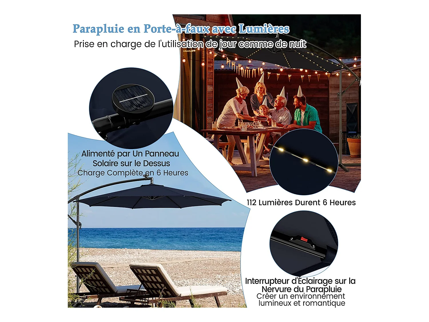 Parasol Déporté Inclinable 3M,112 Lumières LED, Panneau Solaire,Base Croisée Manivelle,Verrou de Sécurité, 303x243,5cm Marine