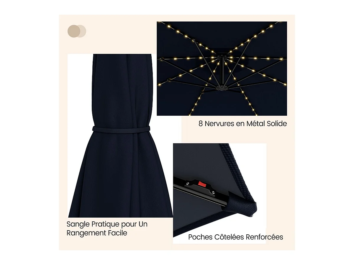 Parasol Déporté Inclinable 3M,112 Lumières LED, Panneau Solaire,Base Croisée Manivelle,Verrou de Sécurité, 303x243,5cm Marine