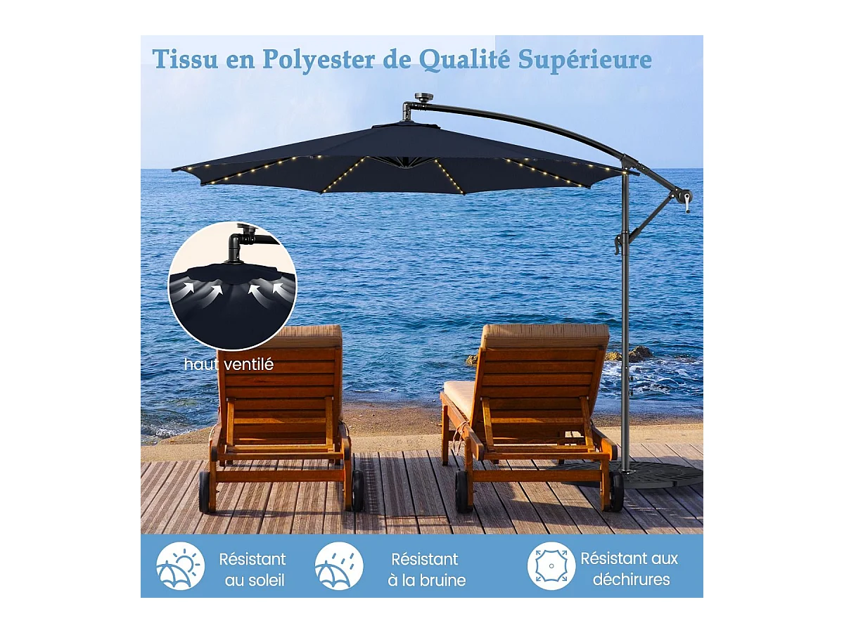 Parasol Déporté Inclinable 3M,112 Lumières LED, Panneau Solaire,Base Croisée Manivelle,Verrou de Sécurité, 303x243,5cm Marine