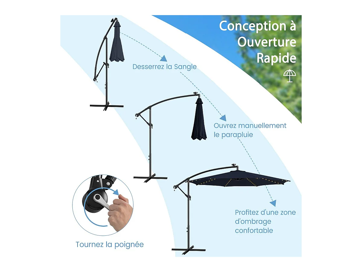 Parasol Déporté Inclinable 3M,112 Lumières LED, Panneau Solaire,Base Croisée Manivelle,Verrou de Sécurité, 303x243,5cm Marine