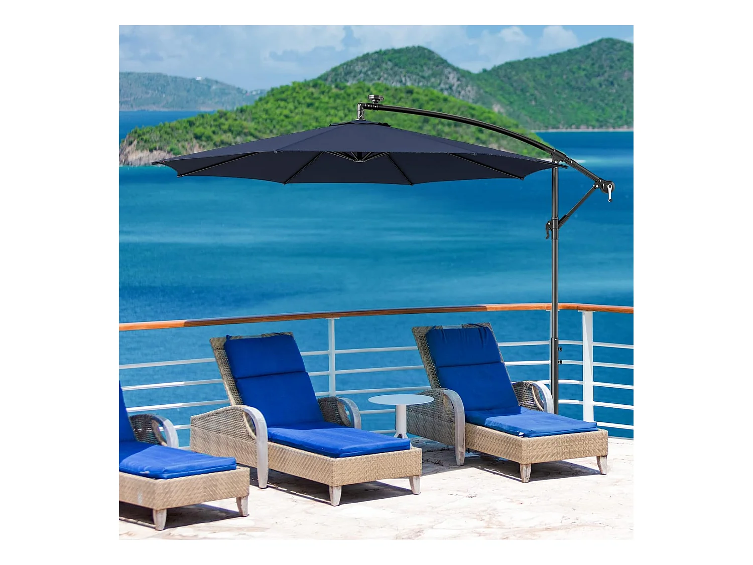 Parasol Déporté Inclinable 3M,112 Lumières LED, Panneau Solaire,Base Croisée Manivelle,Verrou de Sécurité, 303x243,5cm Marine
