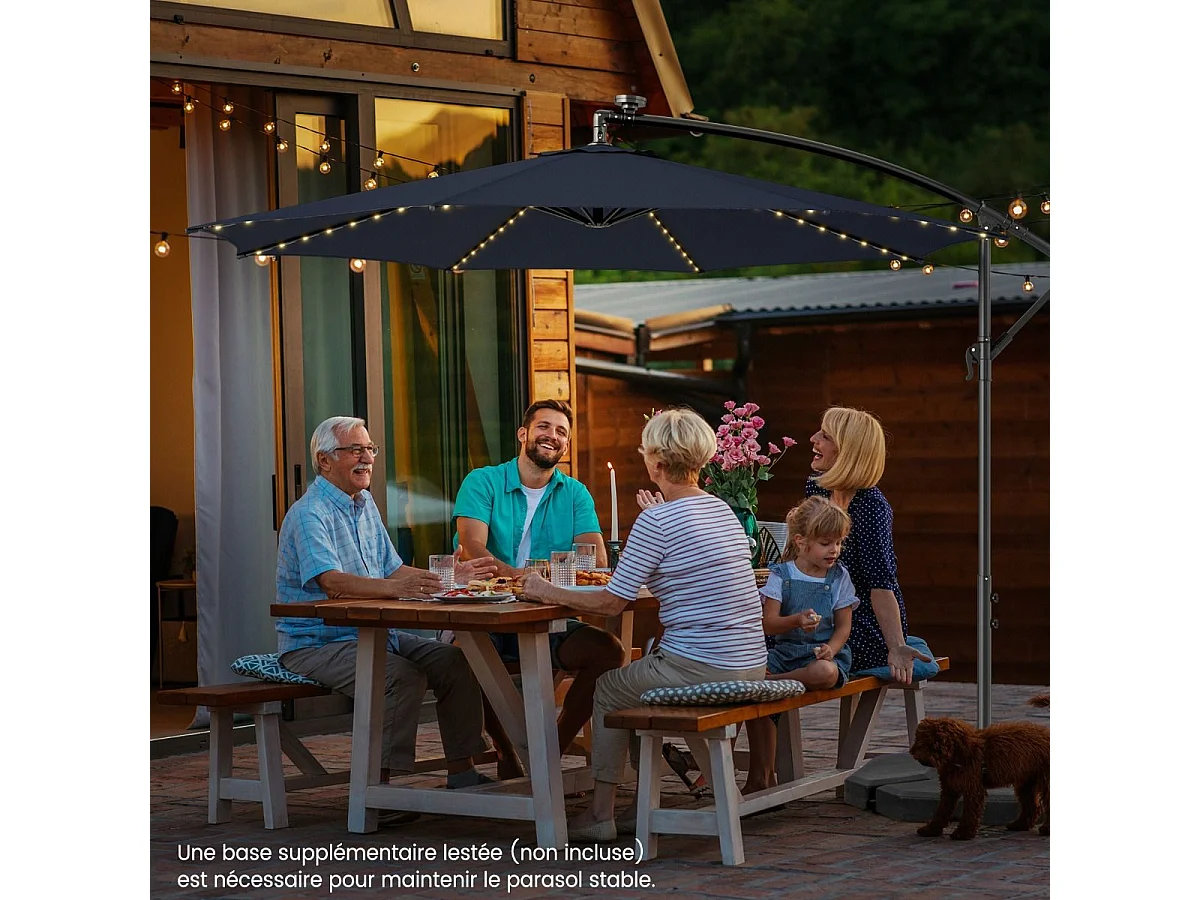Parasol Déporté Inclinable 3M,112 Lumières LED, Panneau Solaire,Base Croisée Manivelle,Verrou de Sécurité, 303x243,5cm Marine
