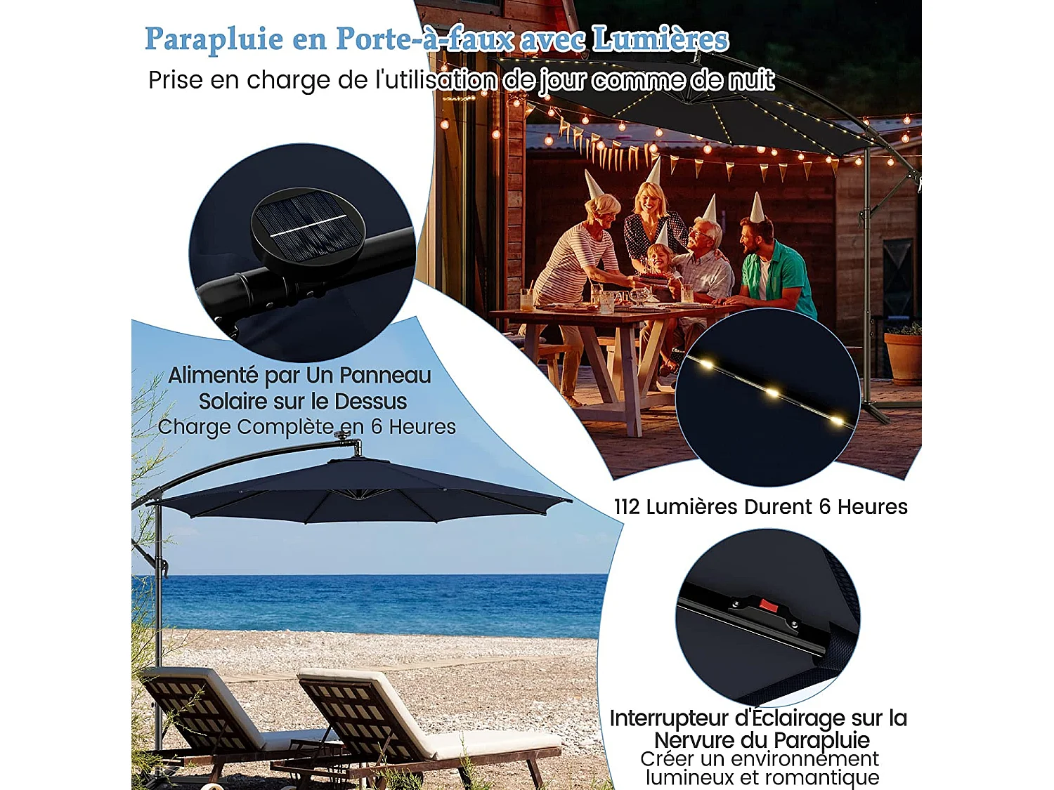 Parasol Déporté Inclinable 3M,112 Lumières LED, Panneau Solaire,Base Croisée Manivelle,Verrou de Sécurité, 303x243,5cm Marine