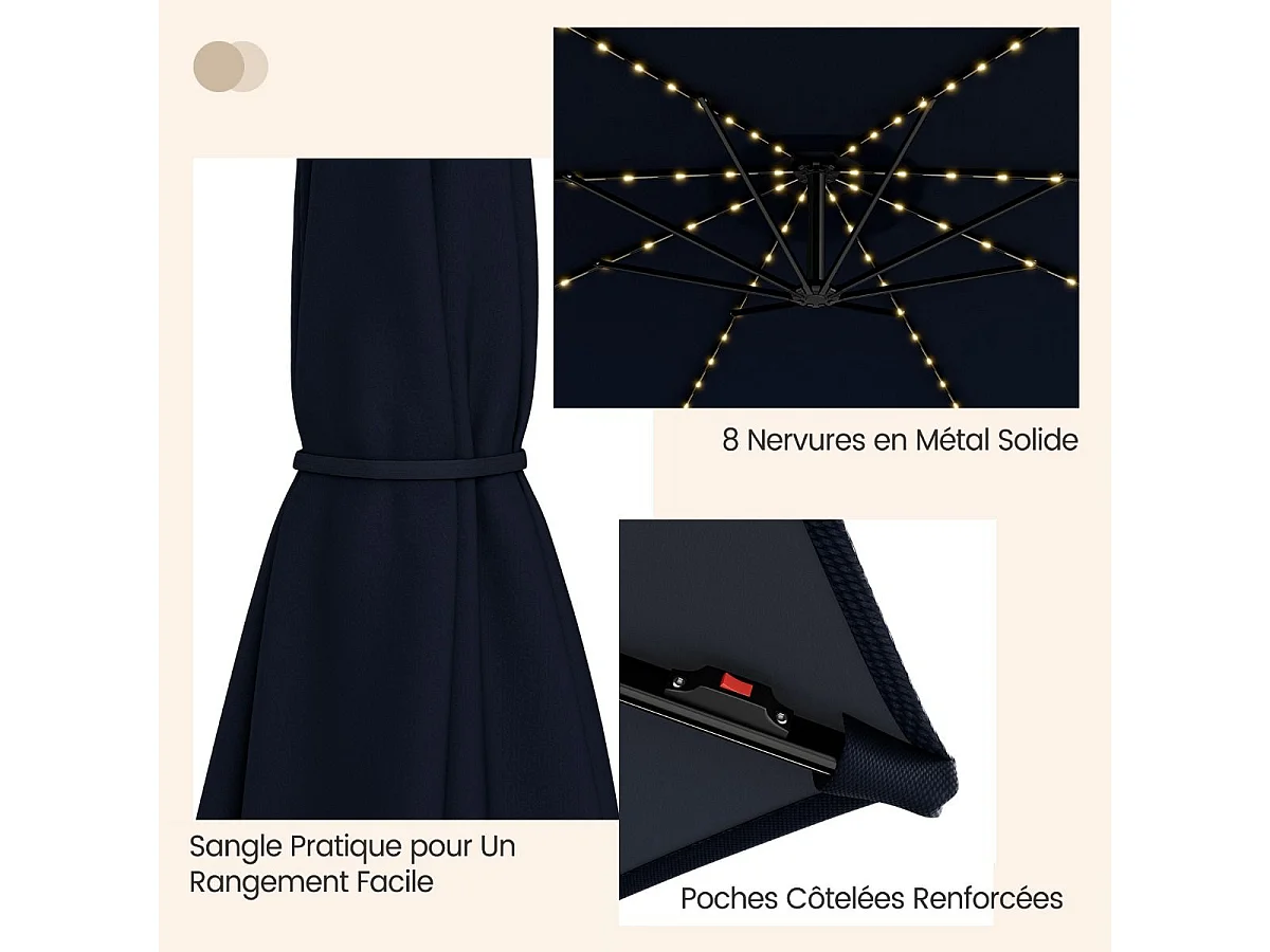 Parasol Déporté Inclinable 3M,112 Lumières LED, Panneau Solaire,Base Croisée Manivelle,Verrou de Sécurité, 303x243,5cm Marine
