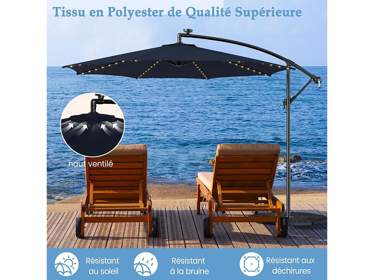 Parasol Déporté Inclinable 3M,112 Lumières LED, Panneau Solaire,Base Croisée Manivelle,Verrou de Sécurité, 303x243,5cm Marine