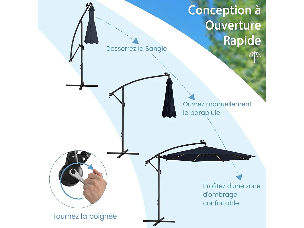 Parasol Déporté Inclinable 3M,112 Lumières LED, Panneau Solaire,Base Croisée Manivelle,Verrou de Sécurité, 303x243,5cm Marine