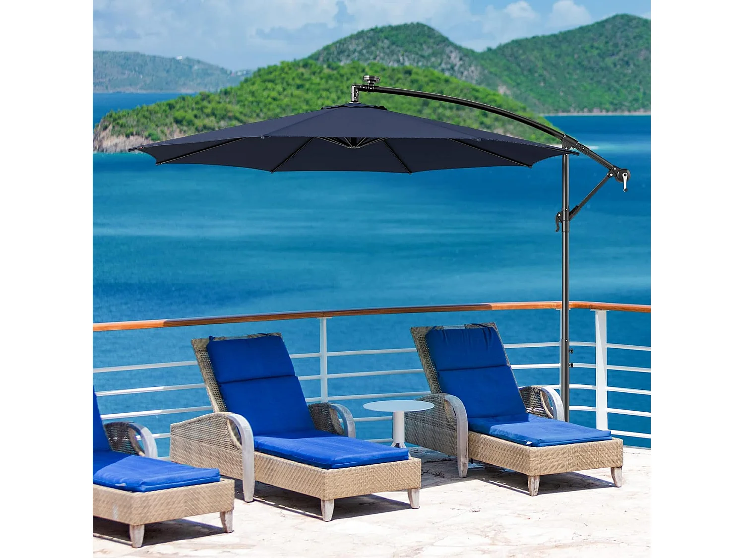 Parasol Déporté Inclinable 3M,112 Lumières LED, Panneau Solaire,Base Croisée Manivelle,Verrou de Sécurité, 303x243,5cm Marine