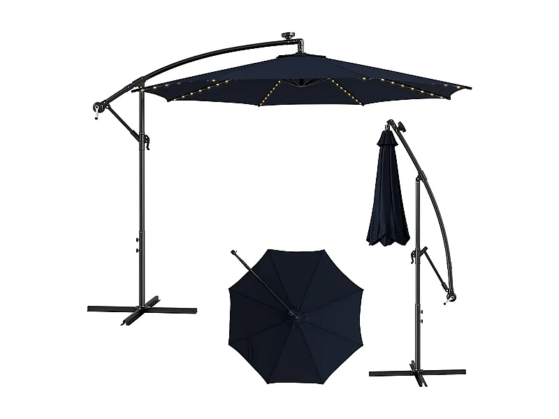Parasol Déporté Inclinable 3M,112 Lumières LED, Panneau Solaire,Base Croisée Manivelle,Verrou de Sécurité, 303x243,5cm Marine