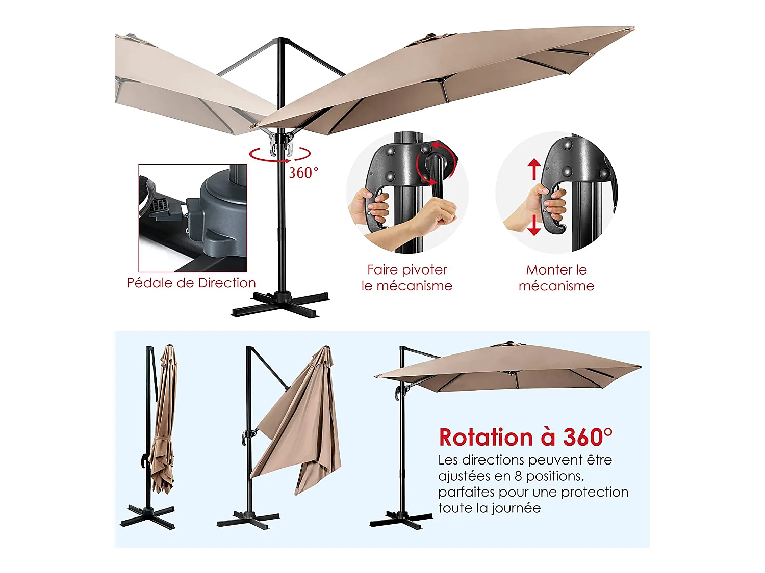 Parasol Déporté Inclinable 3x3M avec Base Croisée Rotatif à 360°,Manivelle,8 Baleines,Event pour Jardin,Terrasse,Café