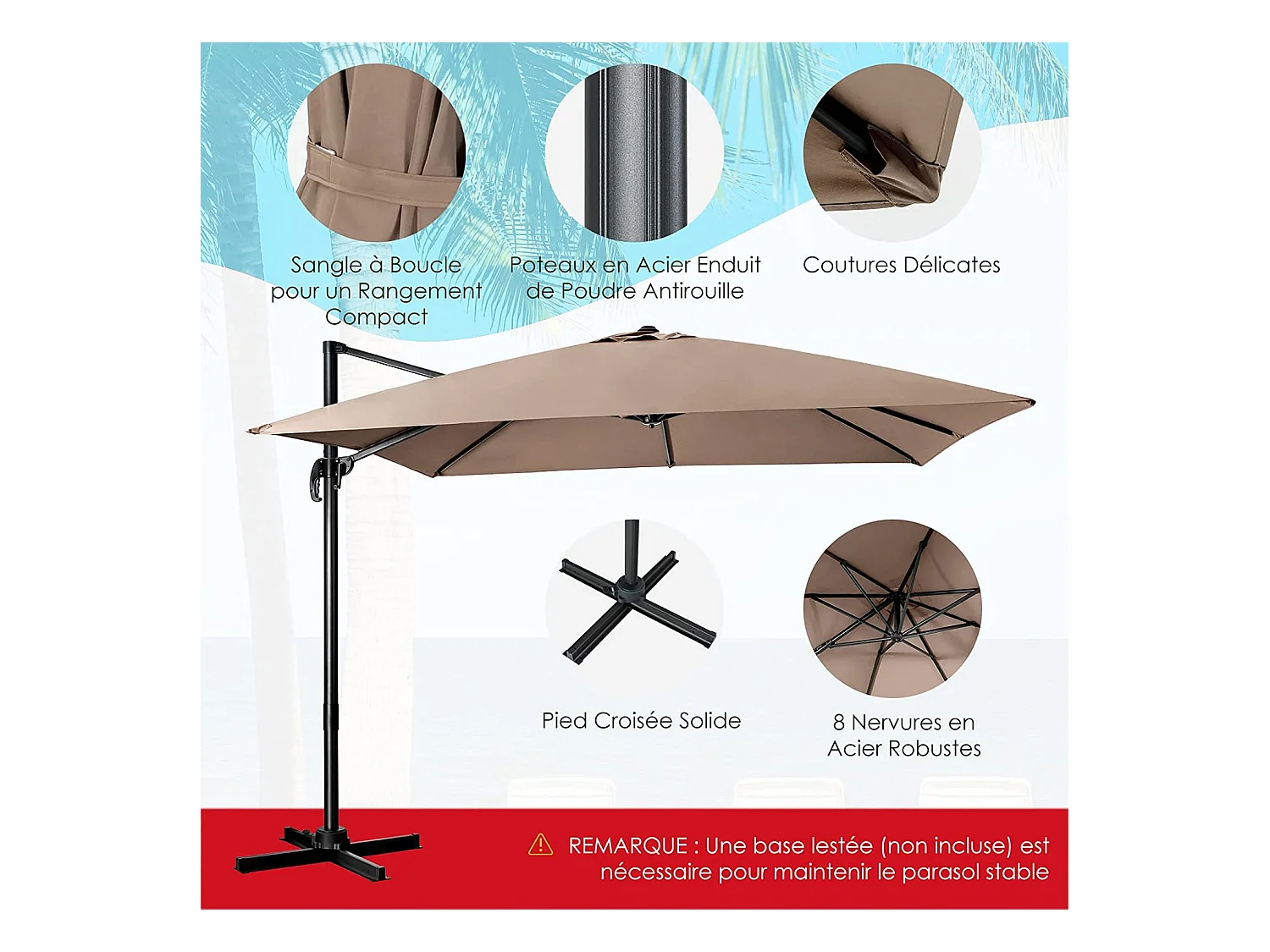 Parasol Déporté Inclinable 3x3M avec Base Croisée Rotatif à 360°,Manivelle,8 Baleines,Event pour Jardin,Terrasse,Café