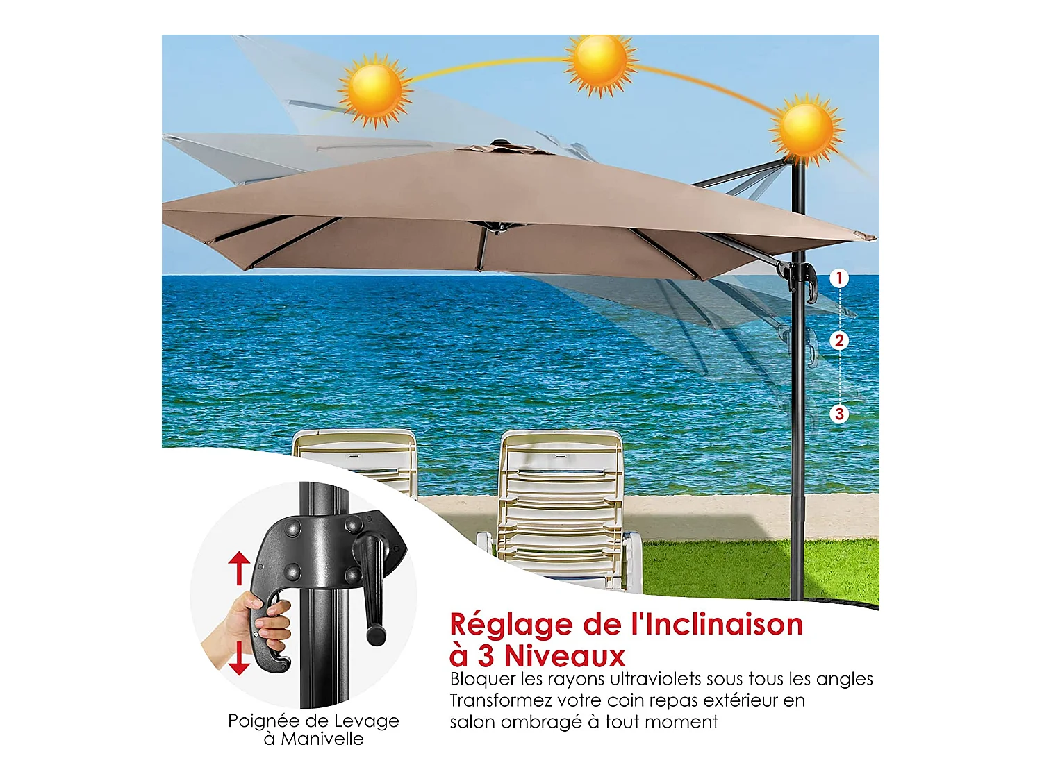 Parasol Déporté Inclinable 3x3M avec Base Croisée Rotatif à 360°,Manivelle,8 Baleines,Event pour Jardin,Terrasse,Café