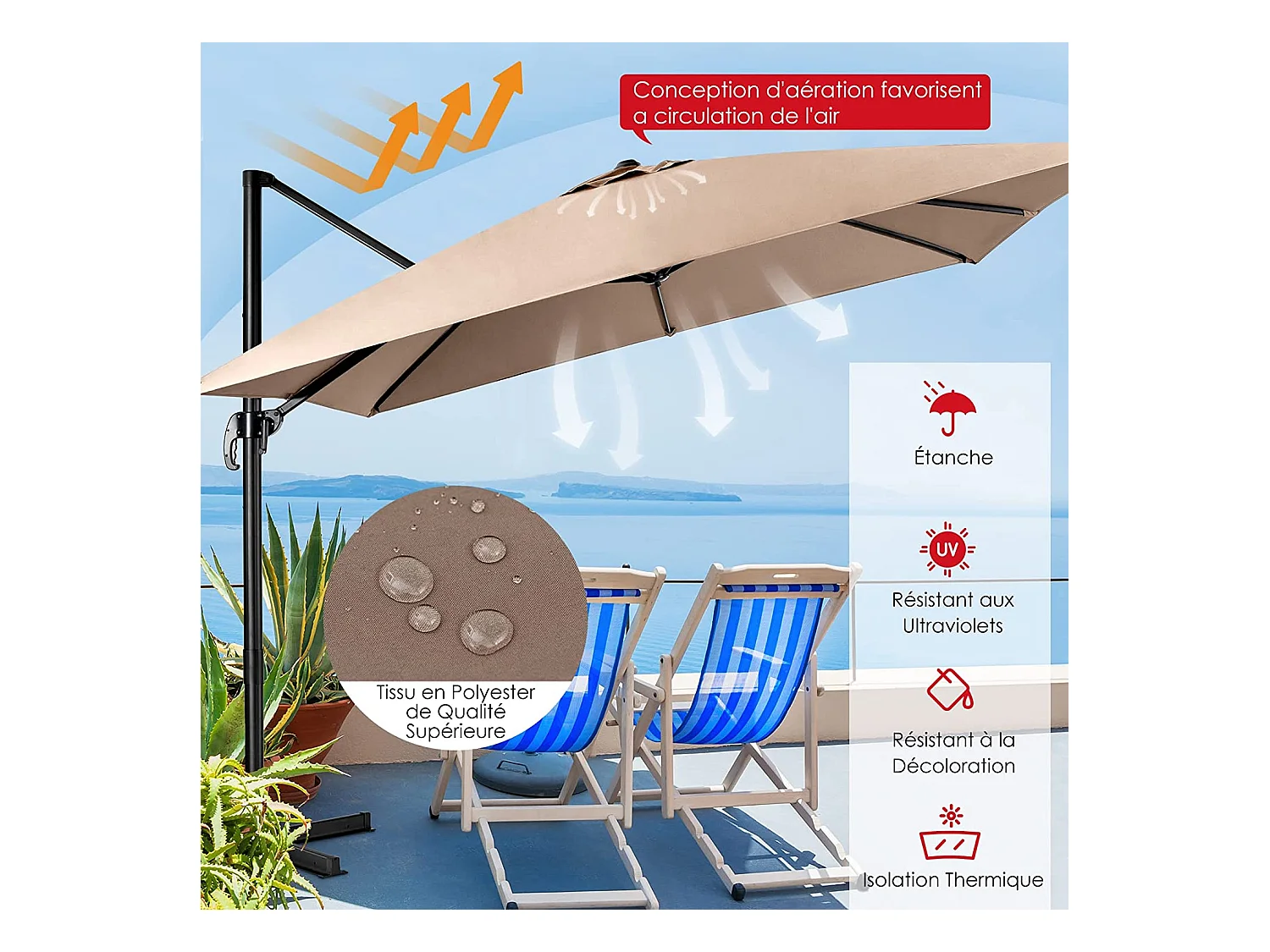 Parasol Déporté Inclinable 3x3M avec Base Croisée Rotatif à 360°,Manivelle,8 Baleines,Event pour Jardin,Terrasse,Café