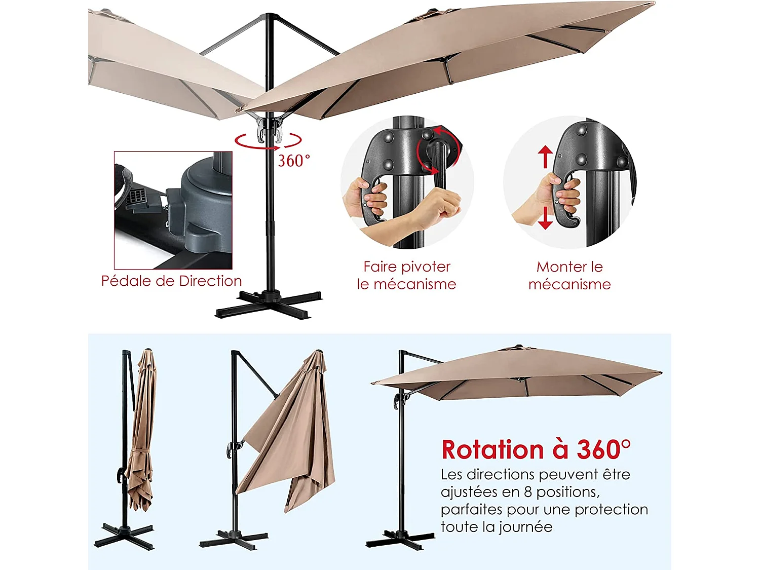 Parasol Déporté Inclinable 3x3M avec Base Croisée Rotatif à 360°,Manivelle,8 Baleines,Event pour Jardin,Terrasse,Café