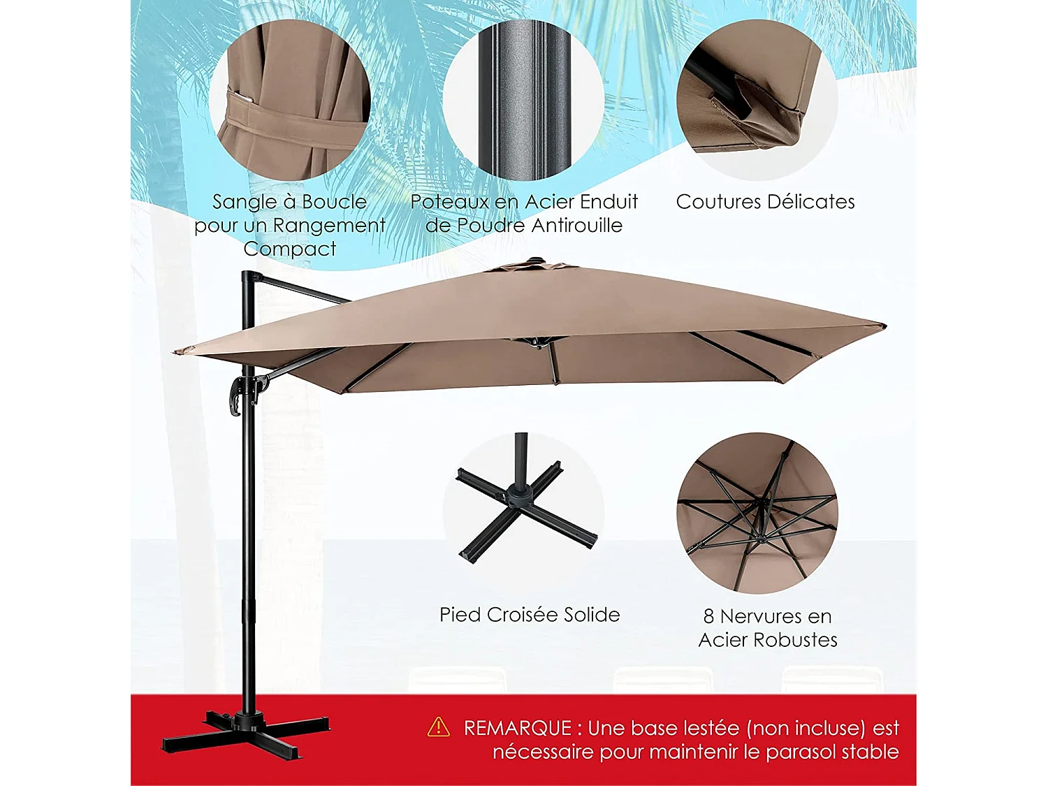 Parasol Déporté Inclinable 3x3M avec Base Croisée Rotatif à 360°,Manivelle,8 Baleines,Event pour Jardin,Terrasse,Café