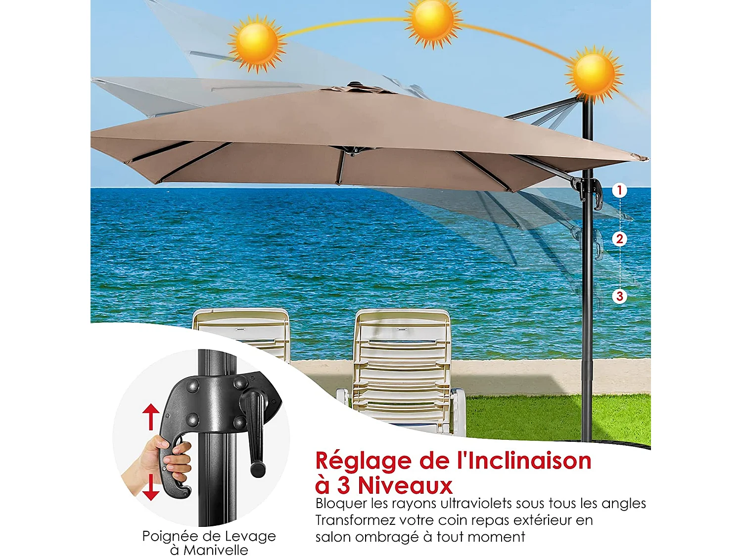 Parasol Déporté Inclinable 3x3M avec Base Croisée Rotatif à 360°,Manivelle,8 Baleines,Event pour Jardin,Terrasse,Café