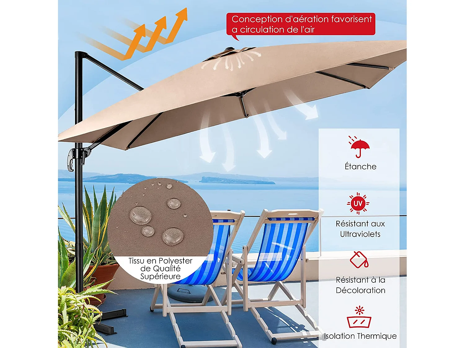 Parasol Déporté Inclinable 3x3M avec Base Croisée Rotatif à 360°,Manivelle,8 Baleines,Event pour Jardin,Terrasse,Café