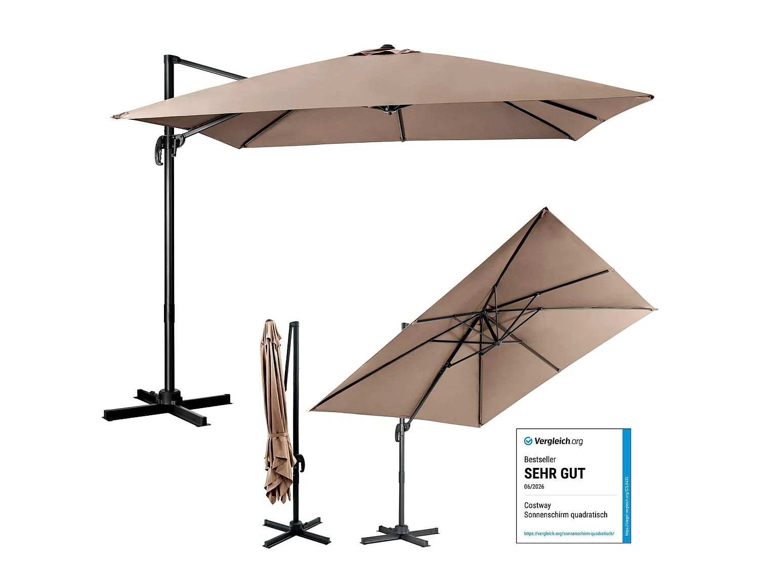 Parasol Déporté Inclinable 3x3M avec Base Croisée Rotatif à 360°,Manivelle,8 Baleines,Event pour Jardin,Terrasse,Café