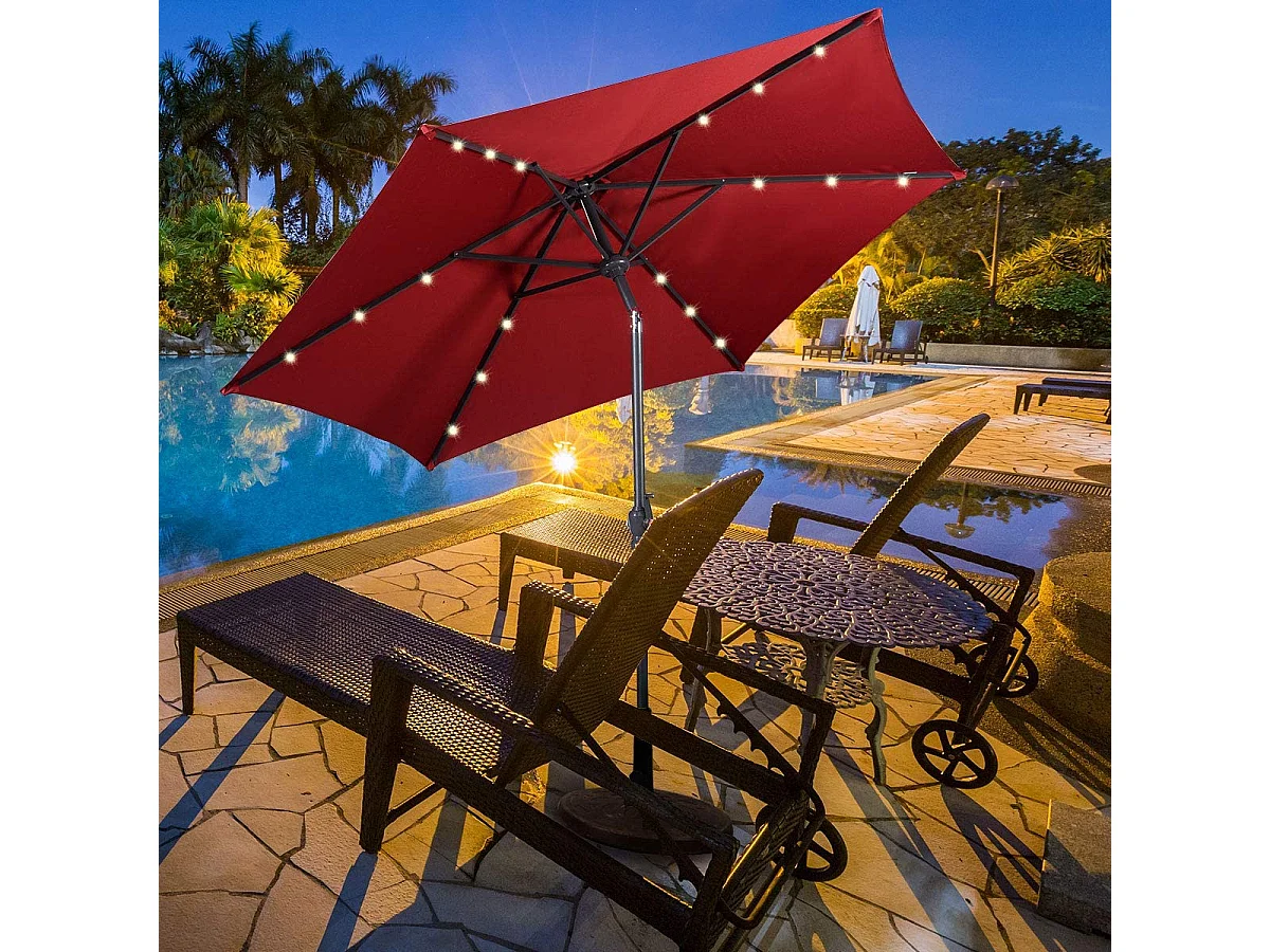 Parasol de Jardin/Parasol Déporté et Inclinable de Jardin Dia 270 CM avec 16 LED Vin Rouge