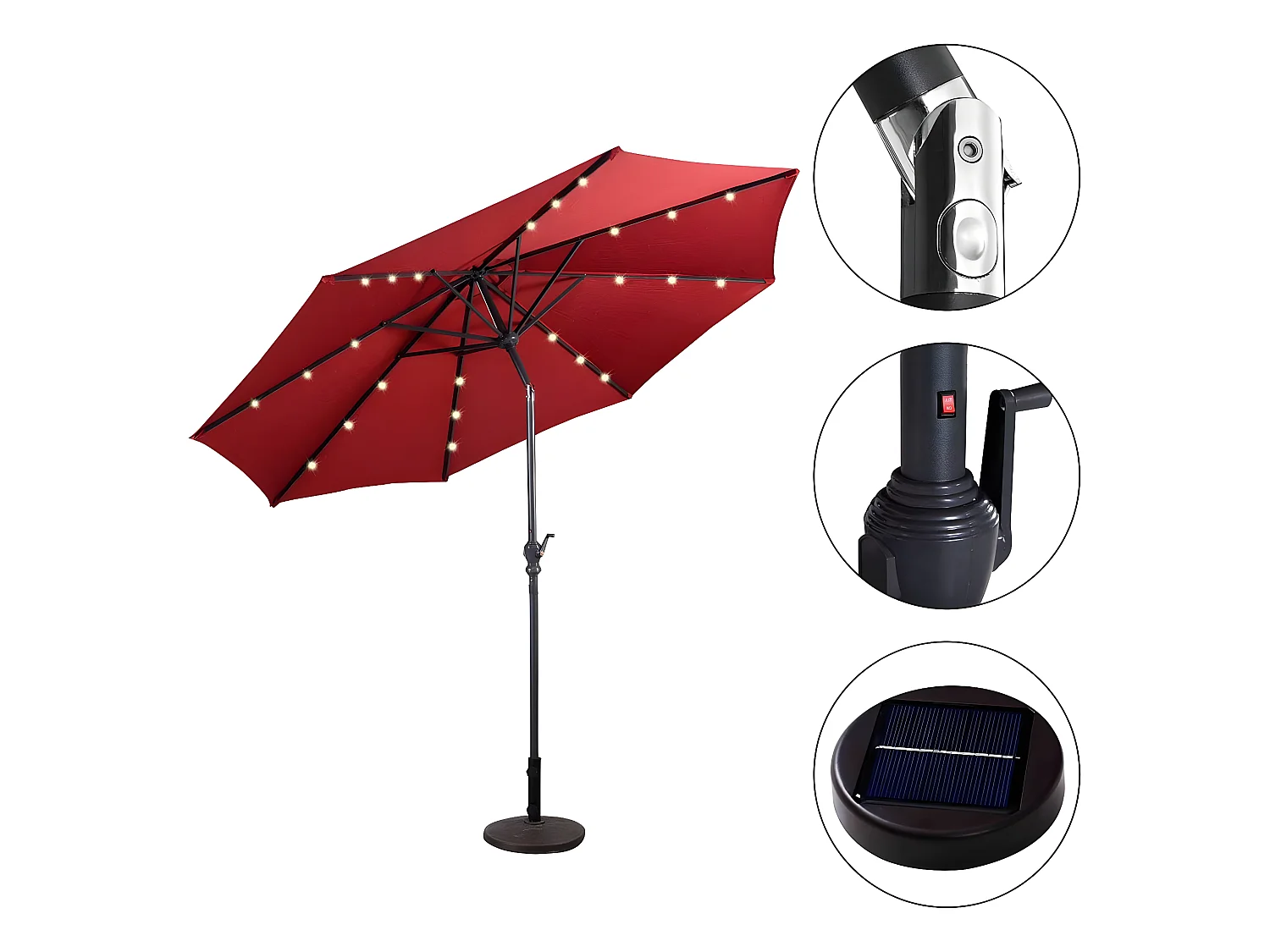 Parasol de jardin inclinable 3m avec éclairage 24 led lampe solaire parasol déporté