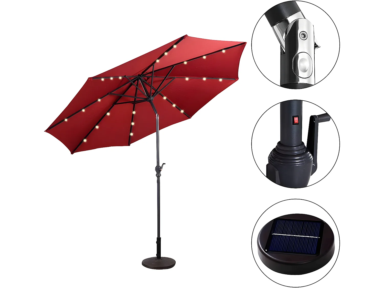 Parasol de jardin inclinable 3m avec éclairage 24 led lampe solaire parasol déporté