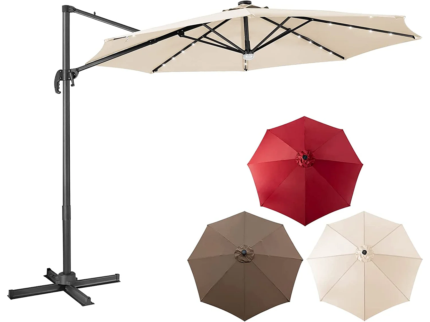 Parasol Déporté Pliant 3M avec 28 Lumières LED Panneaux Solaires Incliné à 3 Angles Rotatif 360° Base en Croix Beige