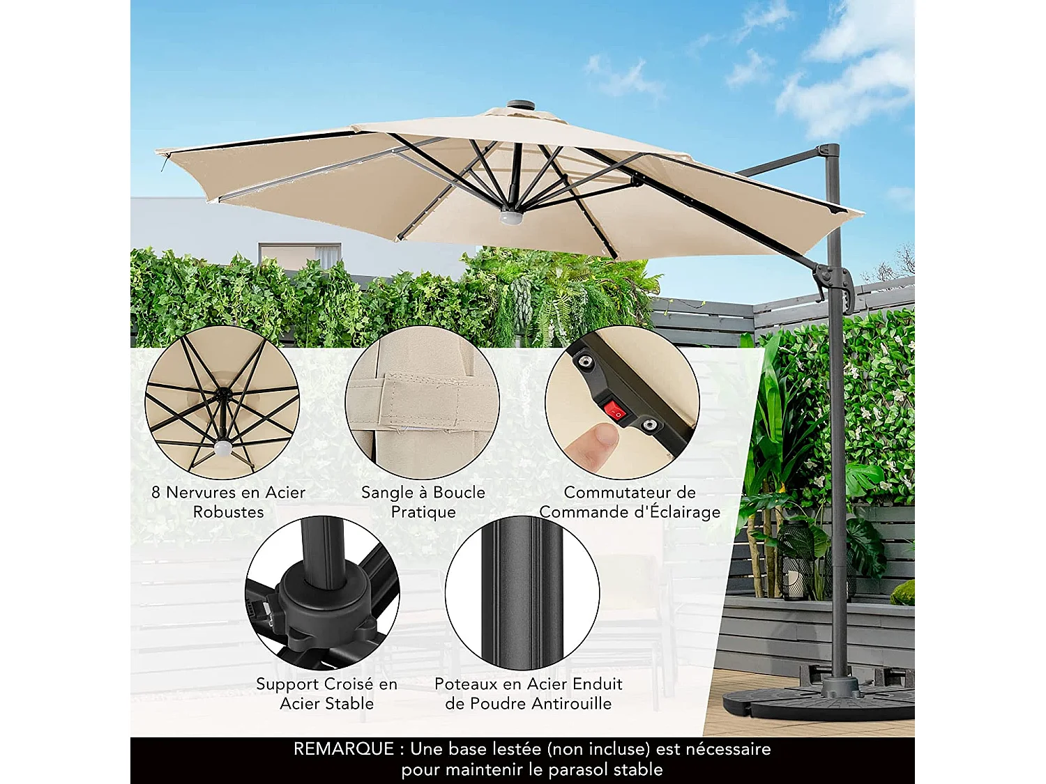 Parasol Déporté Pliant 3M avec 28 Lumières LED Panneaux Solaires Incliné à 3 Angles Rotatif 360° Base en Croix Beige
