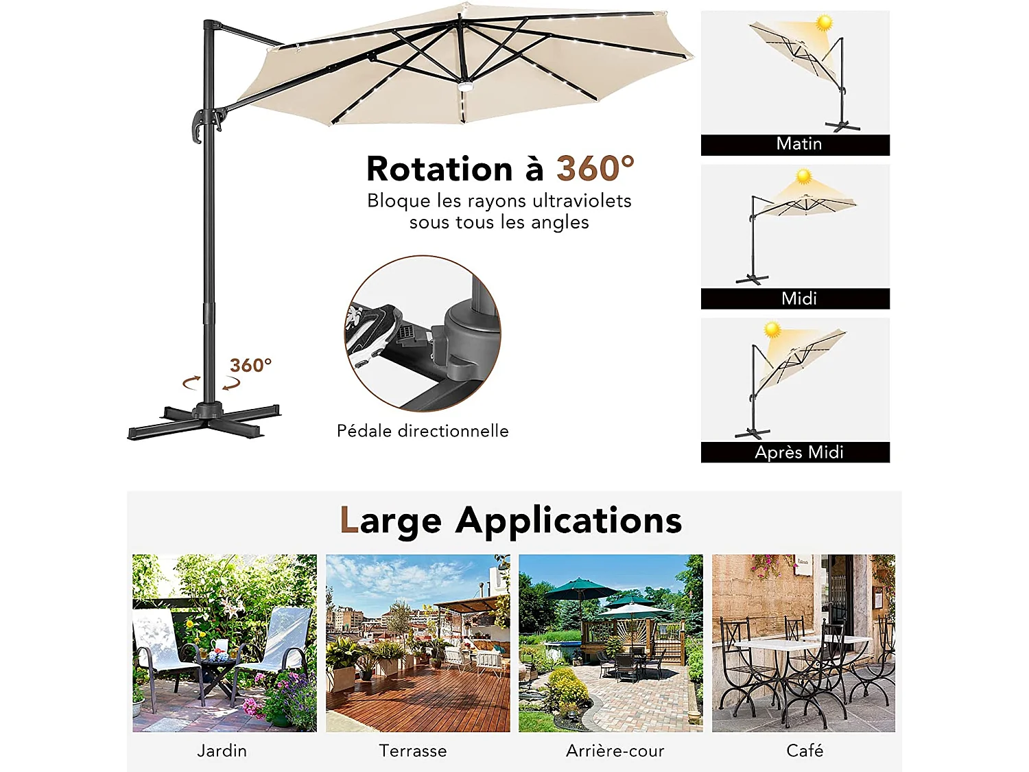 Parasol Déporté Pliant 3M avec 28 Lumières LED Panneaux Solaires Incliné à 3 Angles Rotatif 360° Base en Croix Beige