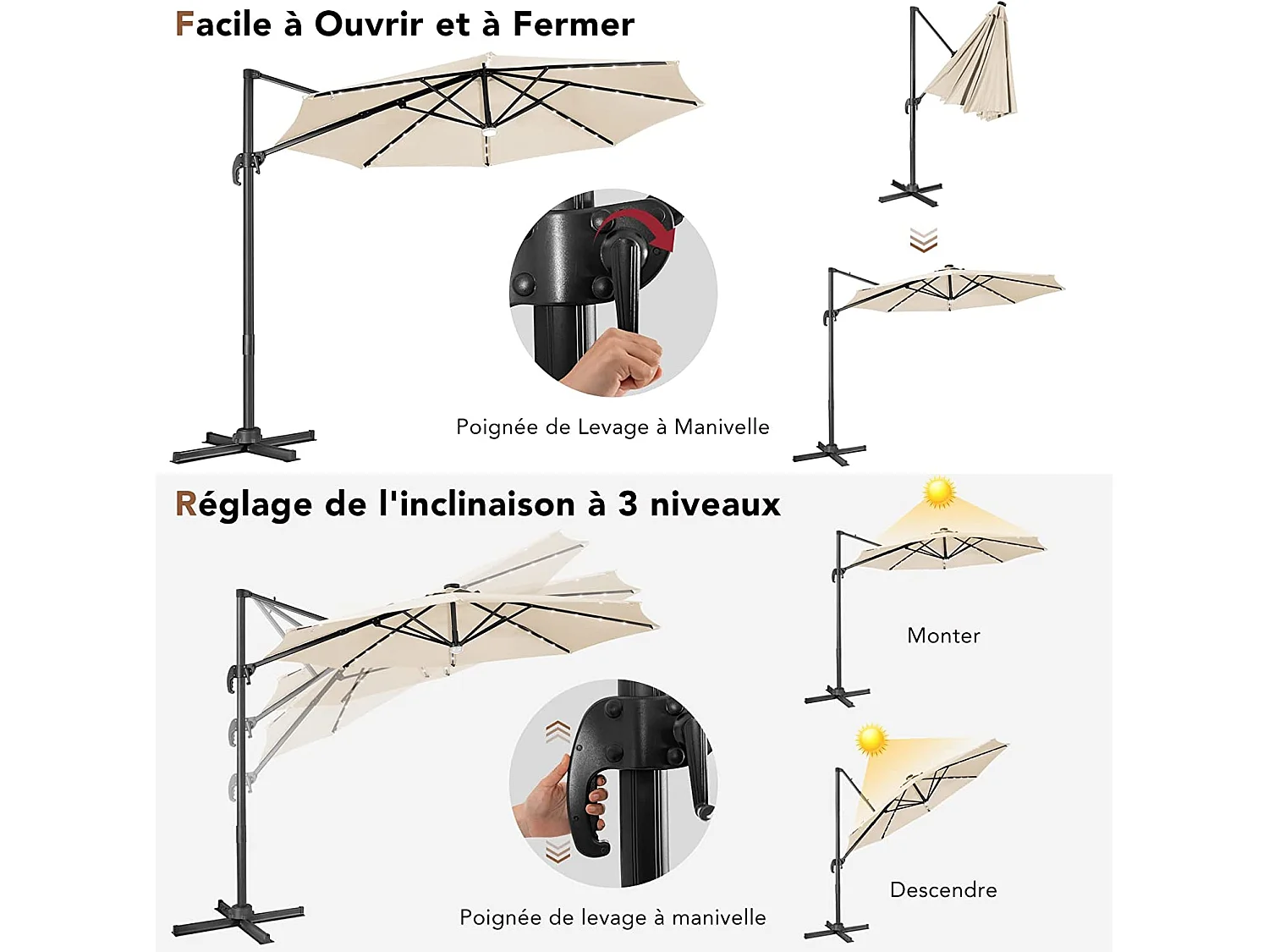 Parasol Déporté Pliant 3M avec 28 Lumières LED Panneaux Solaires Incliné à 3 Angles Rotatif 360° Base en Croix Beige