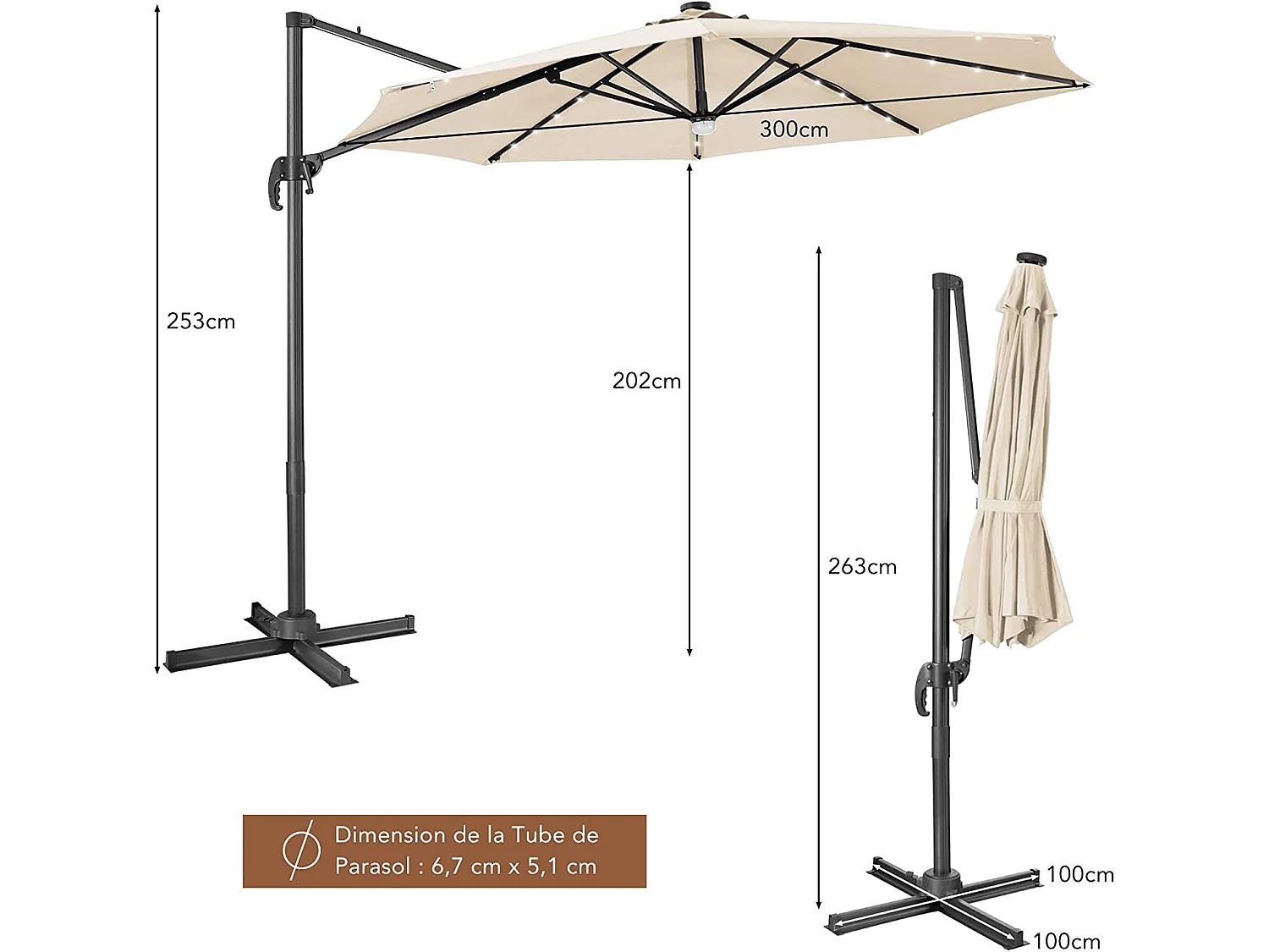 Parasol Déporté Pliant 3M avec 28 Lumières LED Panneaux Solaires Incliné à 3 Angles Rotatif 360° Base en Croix Beige
