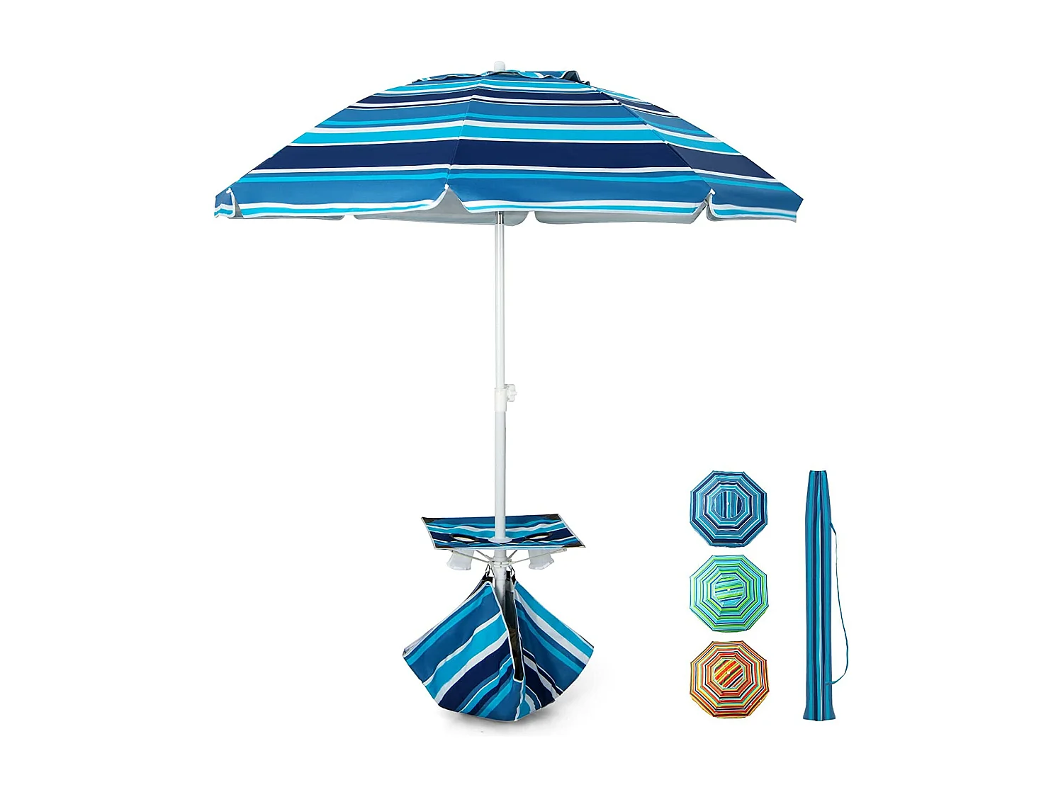 Parasol Jardin Inclinable 192cm avec Table Porte-gobelet et Sac de Sable Détachable 23KG Sac de Transport pour Plage Bleu Marine