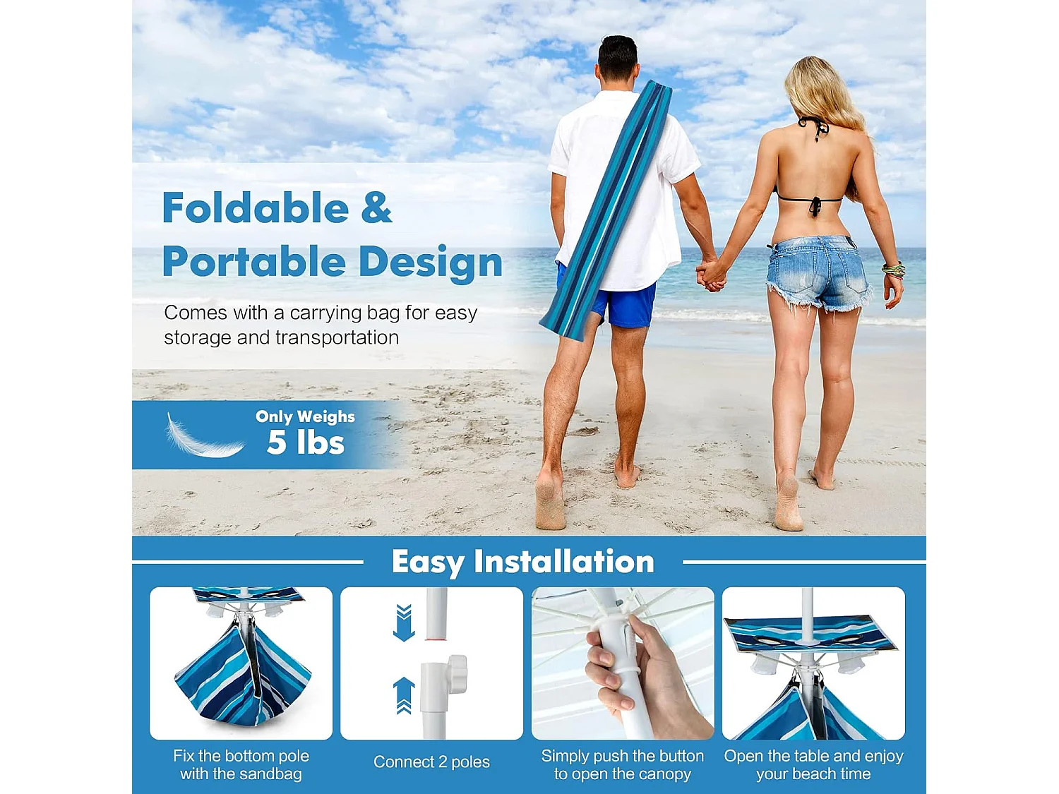 Parasol Jardin Inclinable 192cm avec Table Porte-gobelet et Sac de Sable Détachable 23KG Sac de Transport pour Plage Bleu Marine