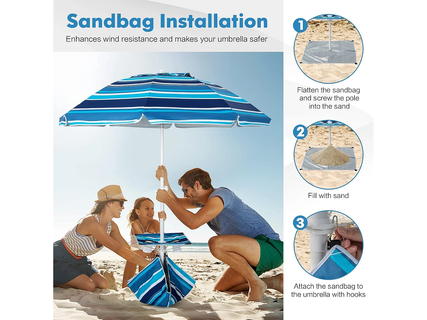 Parasol Jardin Inclinable 192cm avec Table Porte-gobelet et Sac de Sable Détachable 23KG Sac de Transport pour Plage Bleu Marine