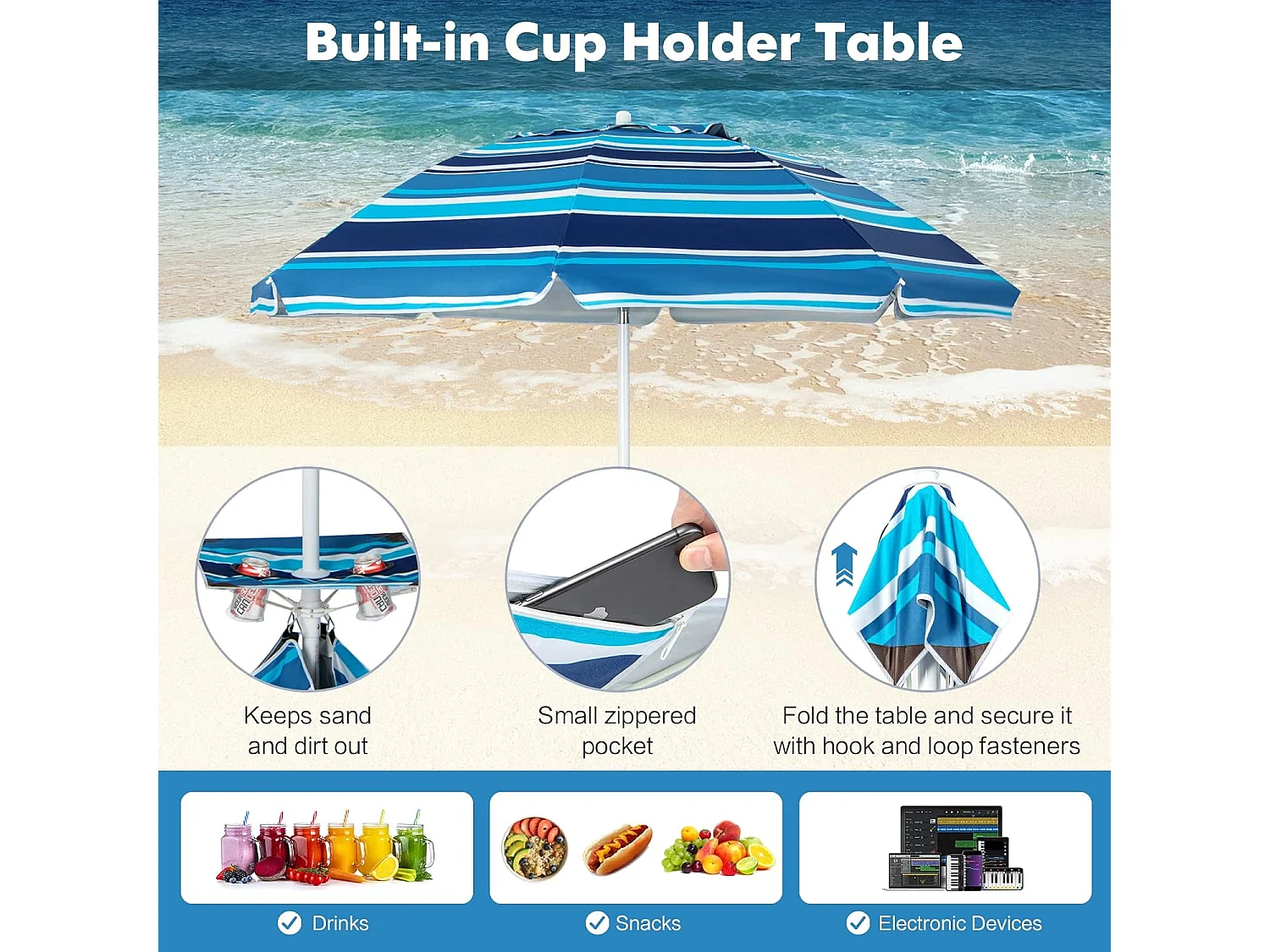 Parasol Jardin Inclinable 192cm avec Table Porte-gobelet et Sac de Sable Détachable 23KG Sac de Transport pour Plage Bleu Marine