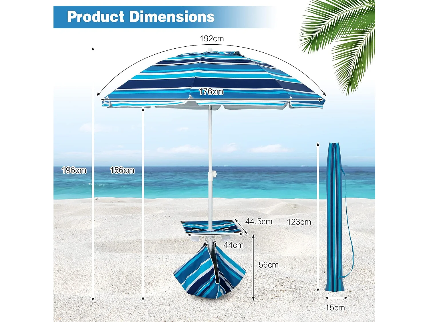 Parasol Jardin Inclinable 192cm avec Table Porte-gobelet et Sac de Sable Détachable 23KG Sac de Transport pour Plage Bleu Marine