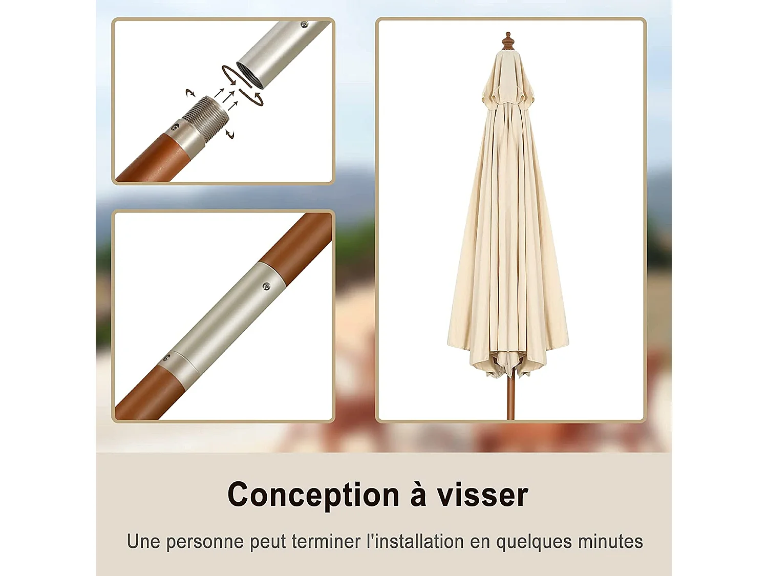 Parasol Inclinable Ø3m Toile Polyester Imperméable avec Cordon de Serrage 8 Baleines Ventilation pour Jardin Cour Beige