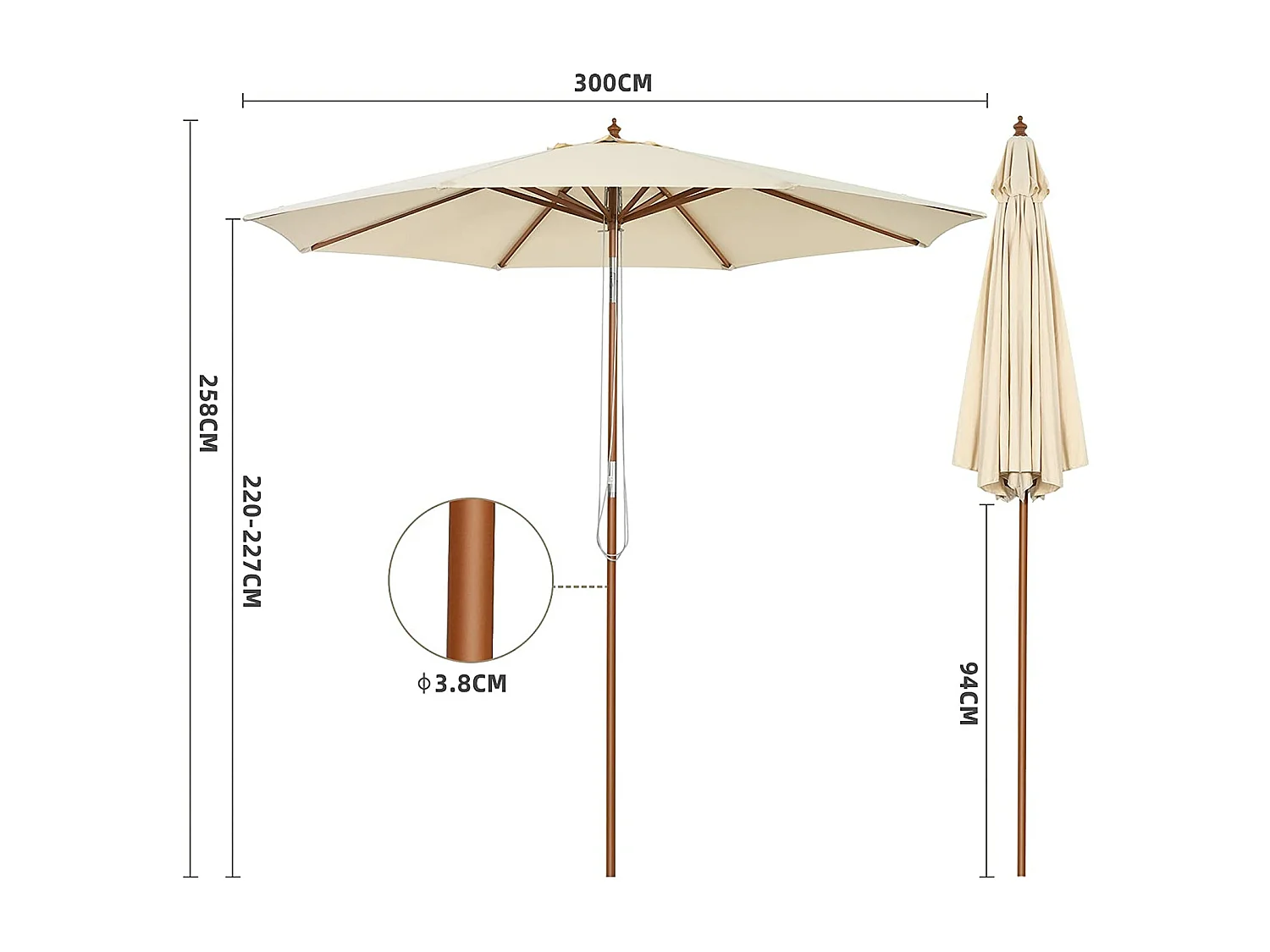 Parasol Inclinable Ø3m Toile Polyester Imperméable avec Cordon de Serrage 8 Baleines Ventilation pour Jardin Cour Beige