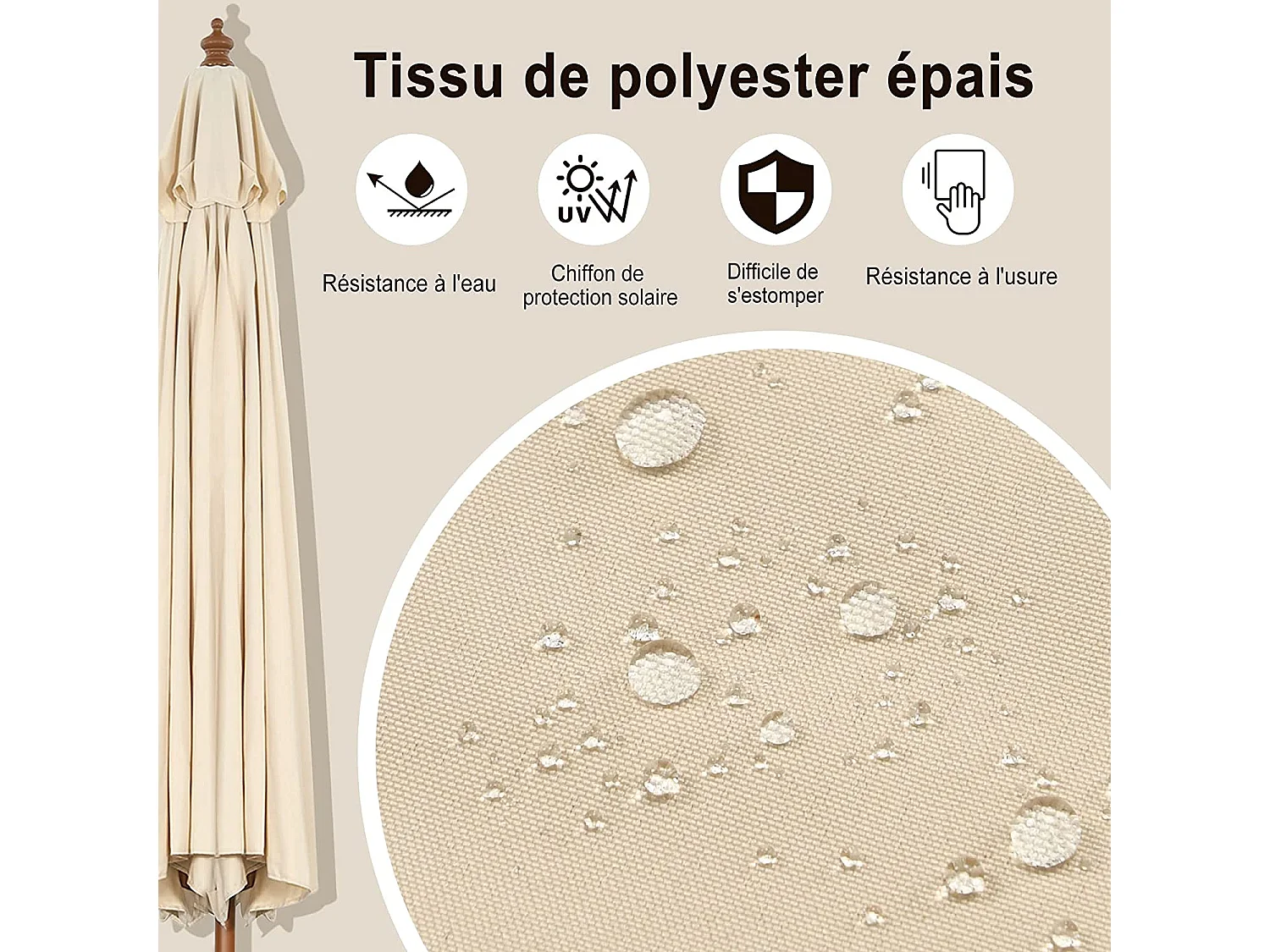 Parasol Inclinable Ø3m Toile Polyester Imperméable avec Cordon de Serrage 8 Baleines Ventilation pour Jardin Cour Beige