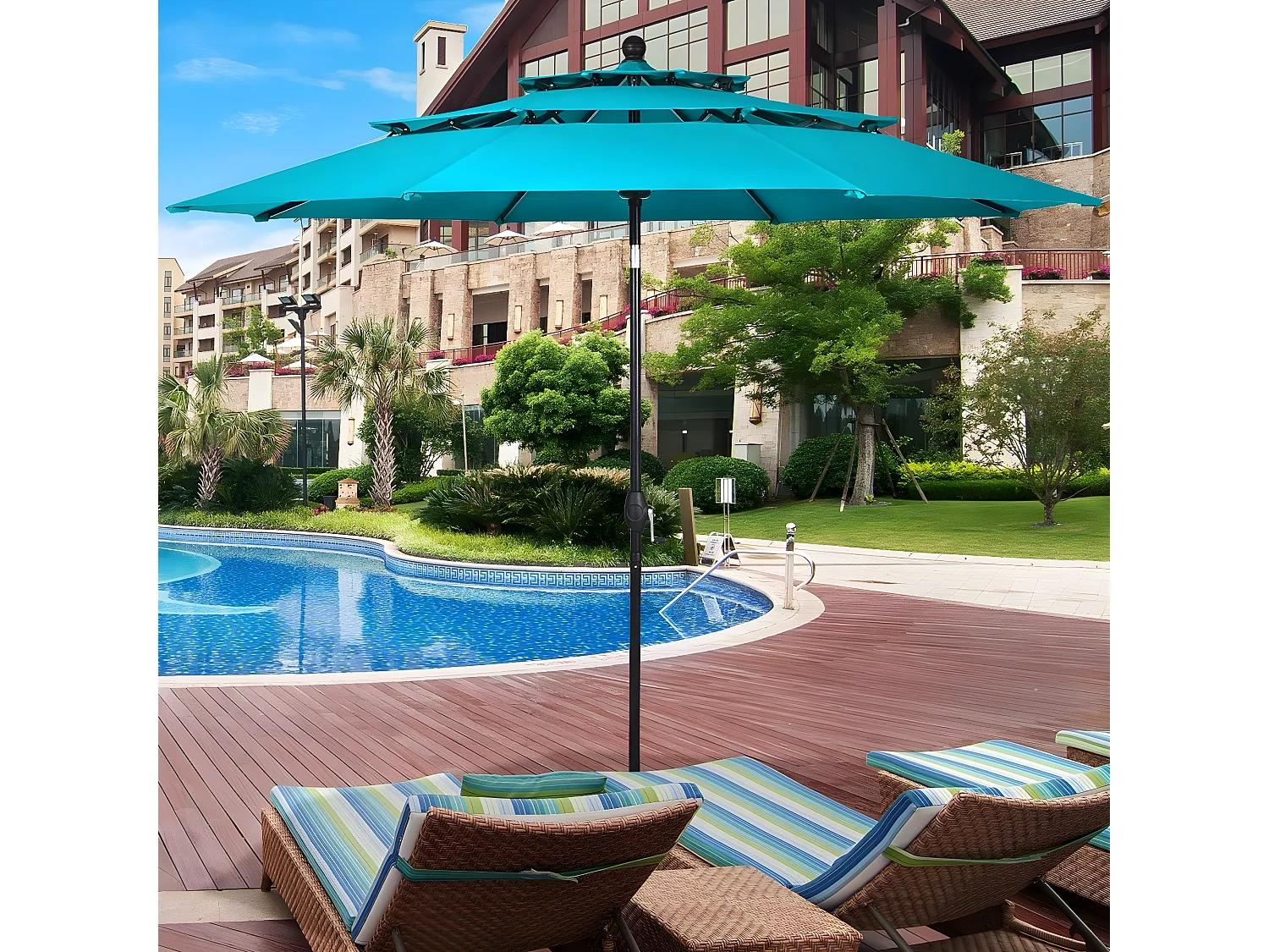 Parasol Extérieur de 3m à 3 Niveaux, Parasol de Patio Auto-inclinable Double Ventilation, Manivelle, Poteau en Aluminium Bleu