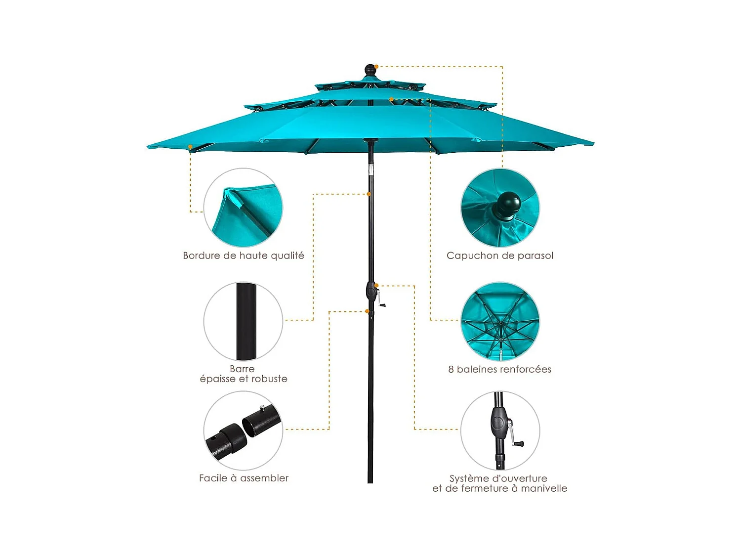 Parasol Extérieur de 3m à 3 Niveaux, Parasol de Patio Auto-inclinable Double Ventilation, Manivelle, Poteau en Aluminium Bleu