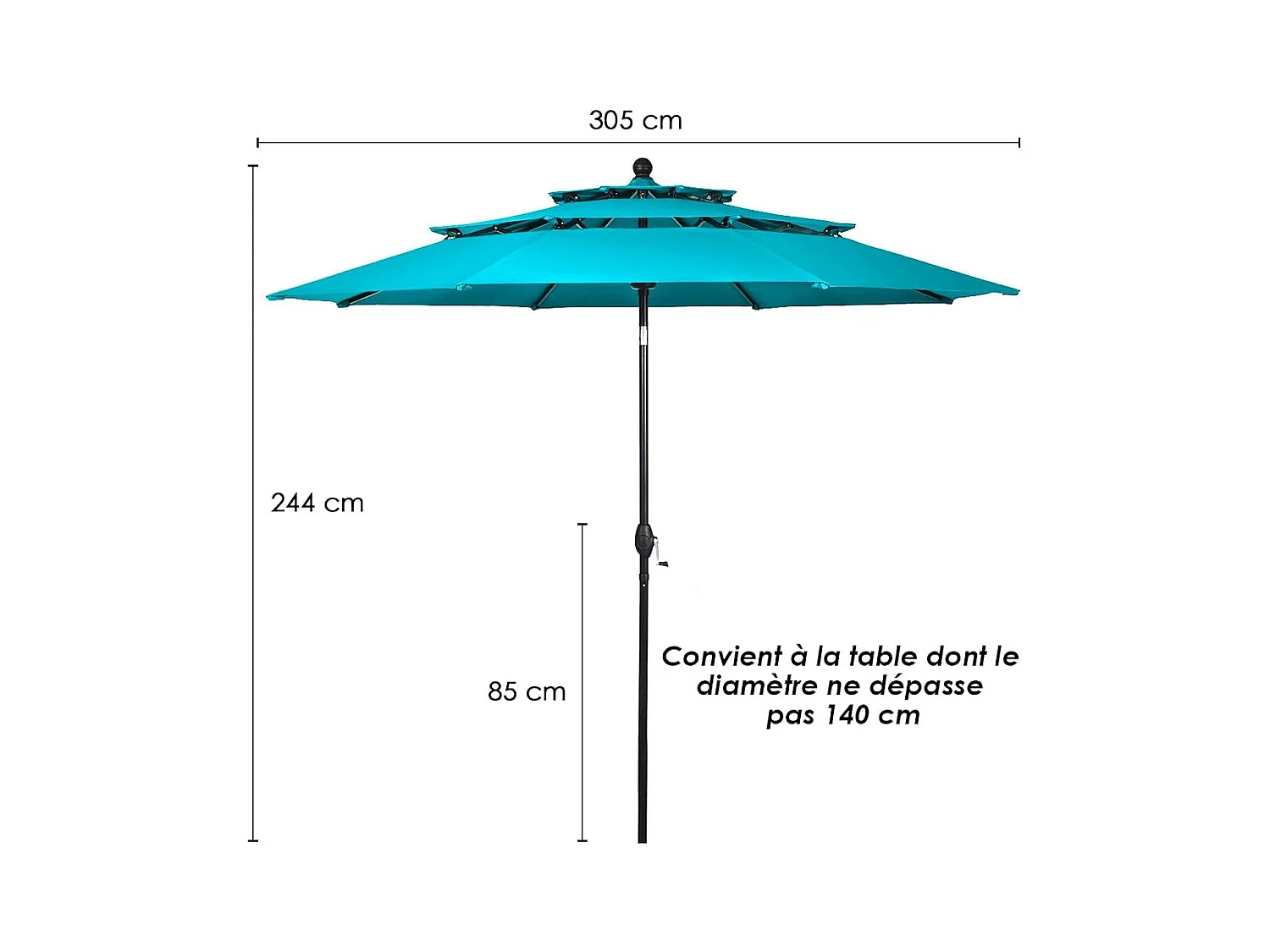 Parasol Extérieur de 3m à 3 Niveaux, Parasol de Patio Auto-inclinable Double Ventilation, Manivelle, Poteau en Aluminium Bleu