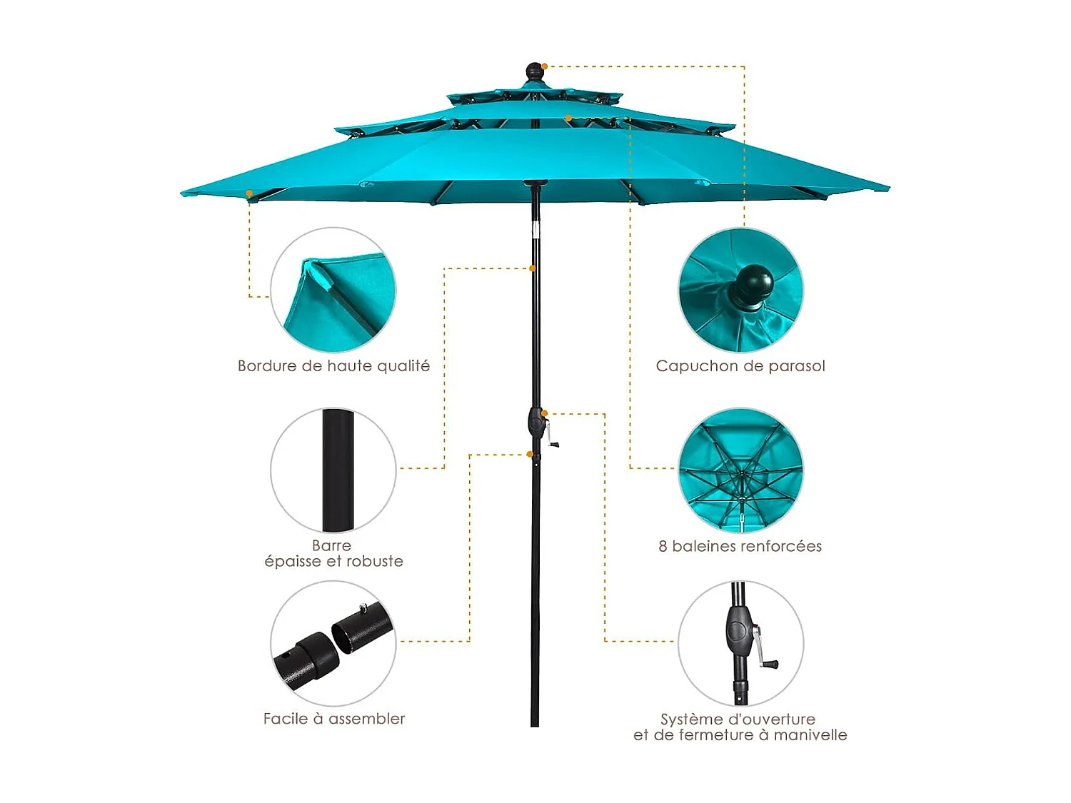 Parasol Extérieur de 3m à 3 Niveaux, Parasol de Patio Auto-inclinable Double Ventilation, Manivelle, Poteau en Aluminium Bleu