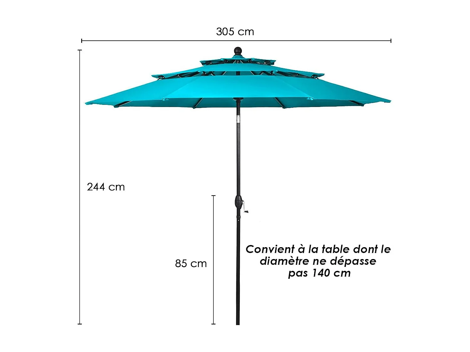 Parasol Extérieur de 3m à 3 Niveaux, Parasol de Patio Auto-inclinable Double Ventilation, Manivelle, Poteau en Aluminium Bleu