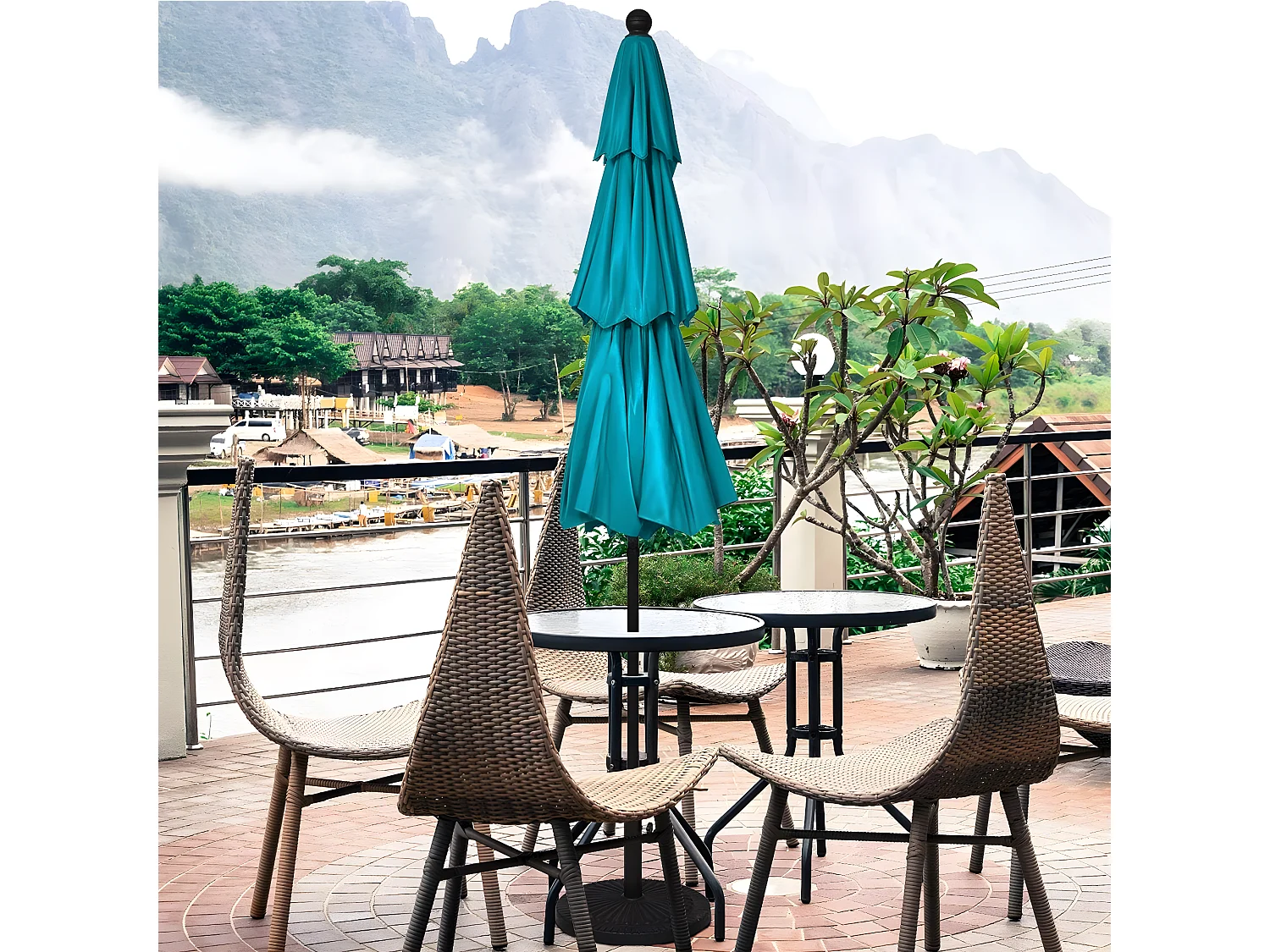 Parasol Extérieur de 3m à 3 Niveaux, Parasol de Patio Auto-inclinable Double Ventilation, Manivelle, Poteau en Aluminium Bleu