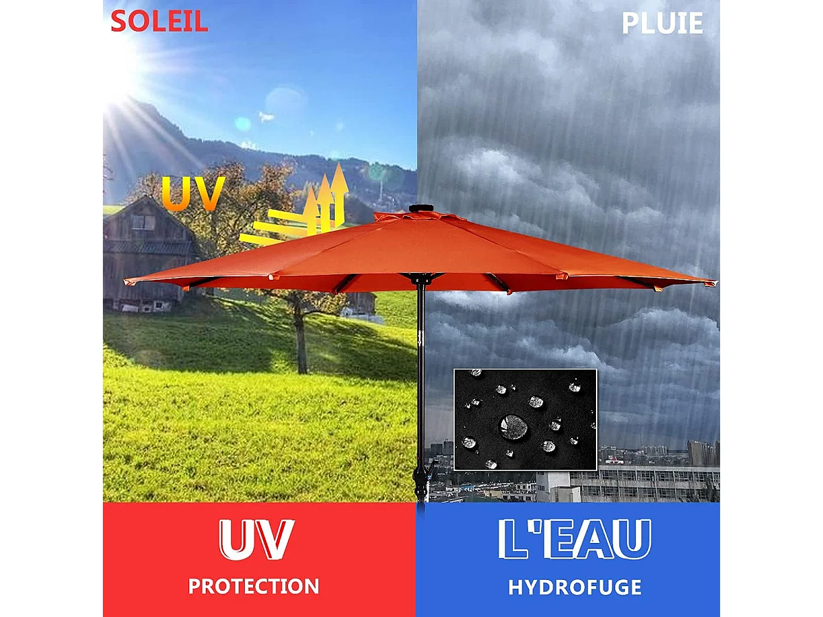 Parasol Inclinable Dia.300CM en Métal Toile Polyester Imperméable avec Ouvertures d'Aération pour Jardin,Terrasse Orange