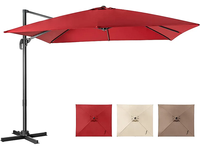 Parasol Déporté Inclinable 3x3M avec Base Croisée Rotatif à 360°,Manivelle,8 Baleines,Event pour Jardin,Terrasse,Vin-Rouge