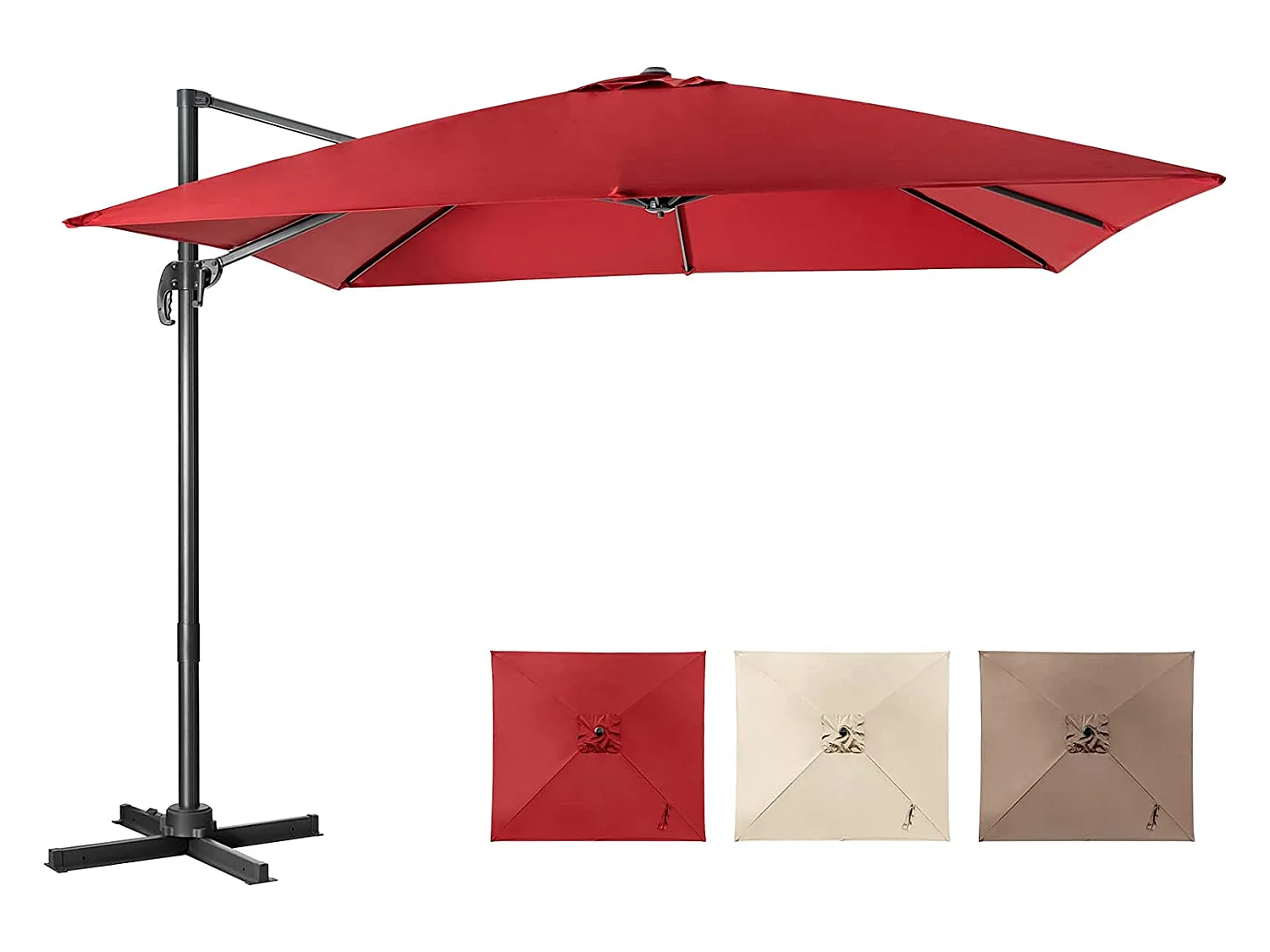 Parasol Déporté Inclinable 3x3M avec Base Croisée Rotatif à 360°,Manivelle,8 Baleines,Event pour Jardin,Terrasse,Vin-Rouge