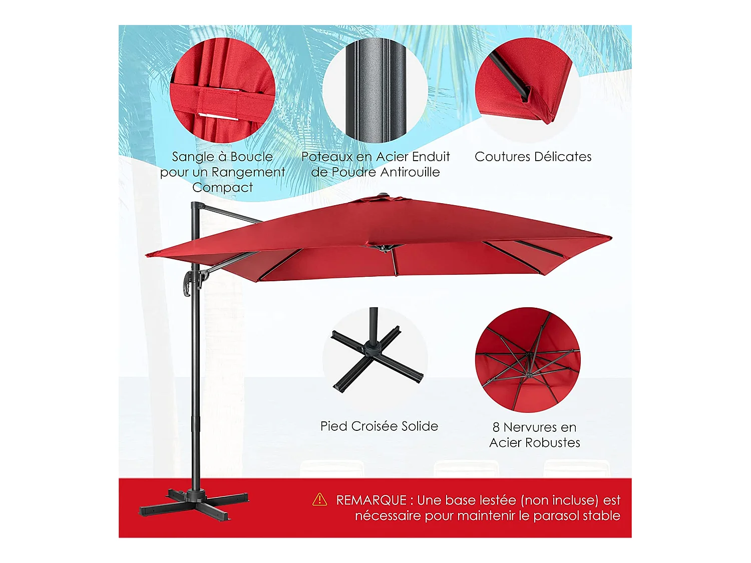 Parasol Déporté Inclinable 3x3M avec Base Croisée Rotatif à 360°,Manivelle,8 Baleines,Event pour Jardin,Terrasse,Vin-Rouge