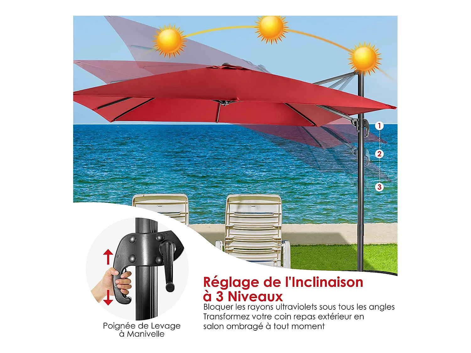 Parasol Déporté Inclinable 3x3M avec Base Croisée Rotatif à 360°,Manivelle,8 Baleines,Event pour Jardin,Terrasse,Vin-Rouge