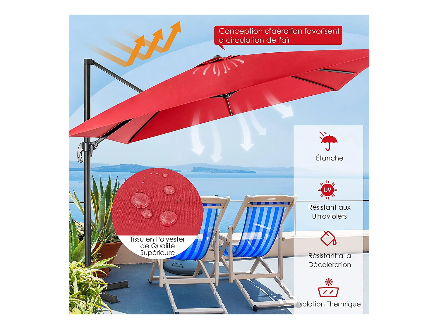 Parasol Déporté Inclinable 3x3M avec Base Croisée Rotatif à 360°,Manivelle,8 Baleines,Event pour Jardin,Terrasse,Vin-Rouge
